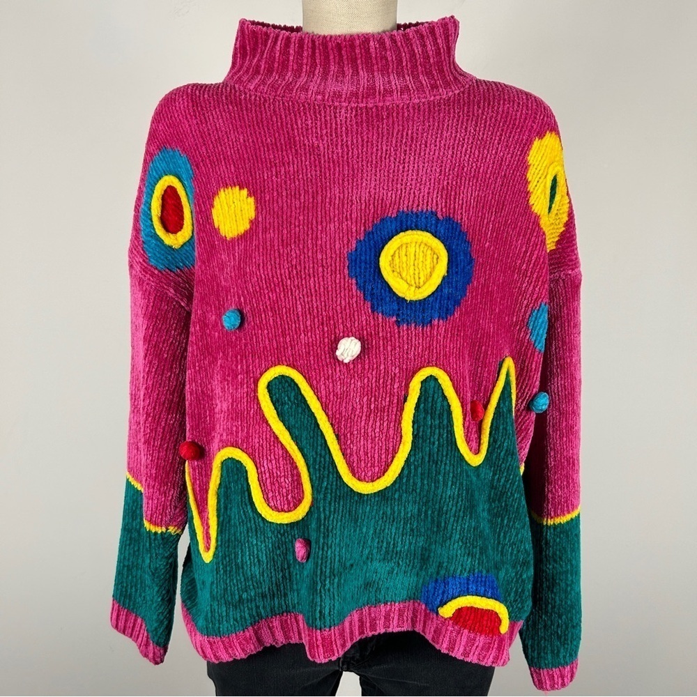 Vintage Pink and Green Sweater with Colorful Accents